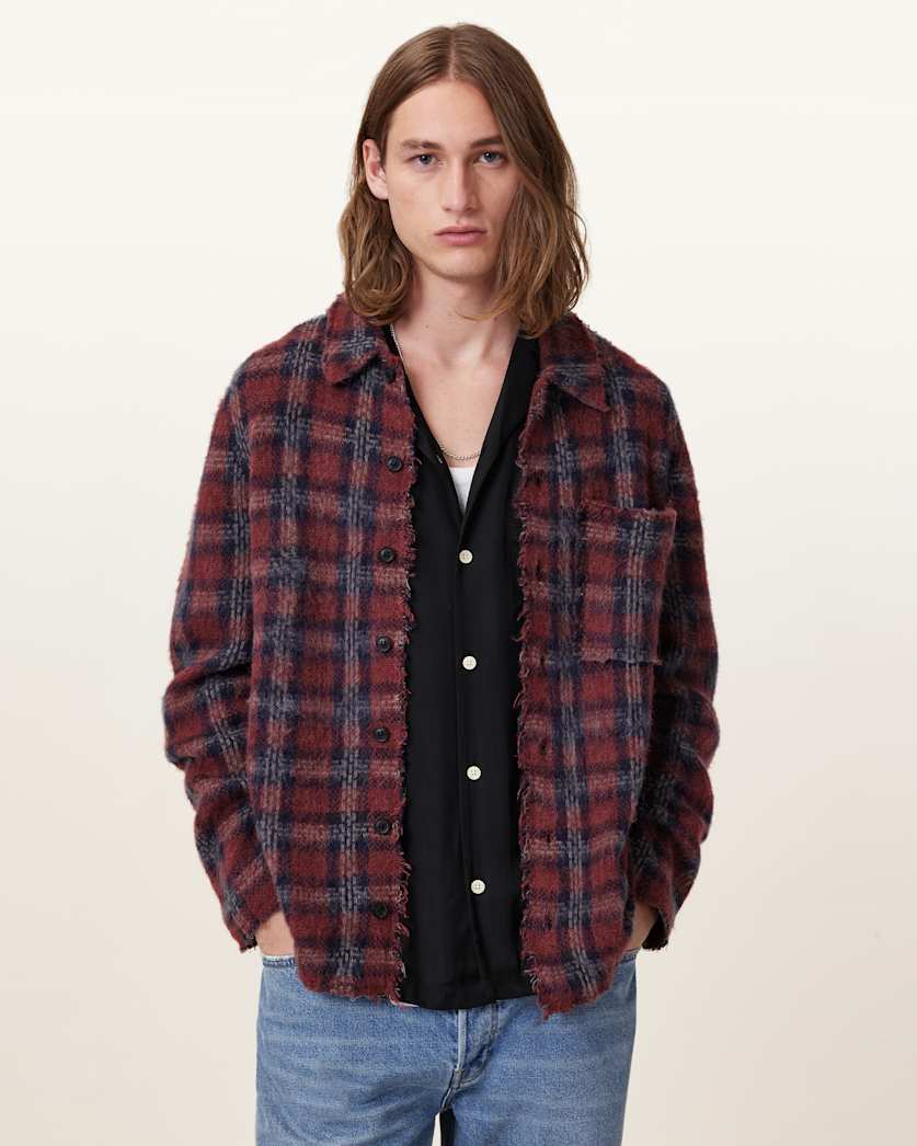 all saints Austin Checked Brushed Cardigan DARK BRICK RED