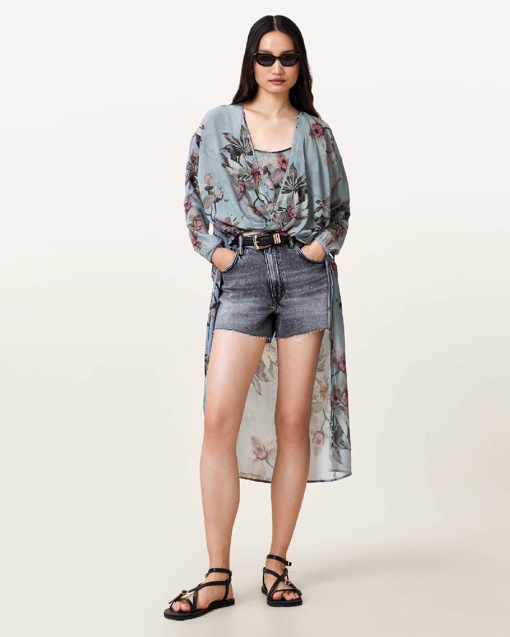 All Saints Avala High Low Floral Wrap Top Adena Dusty Blue