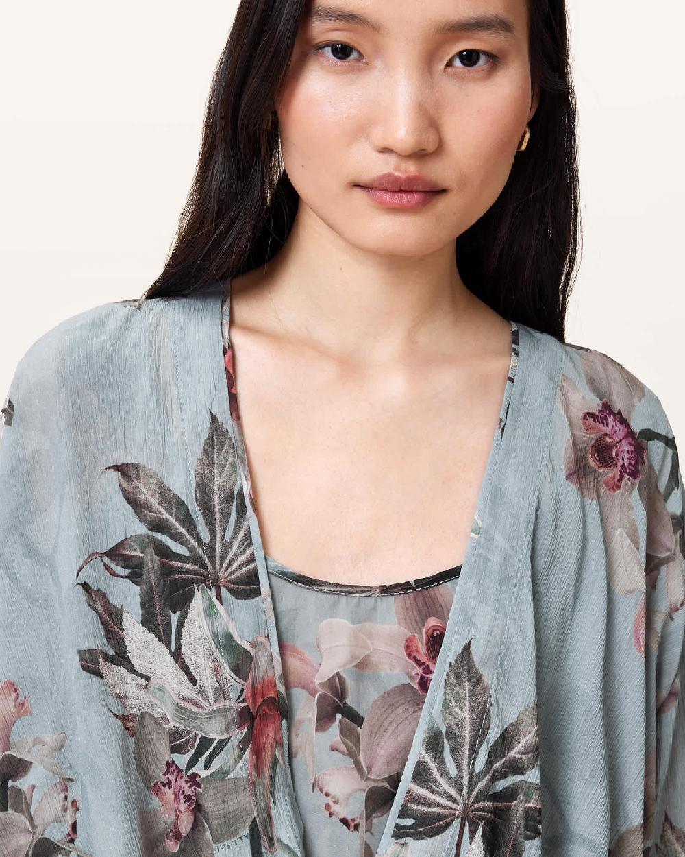 All Saints Avala High Low Floral Wrap Top Adena Dusty Blue