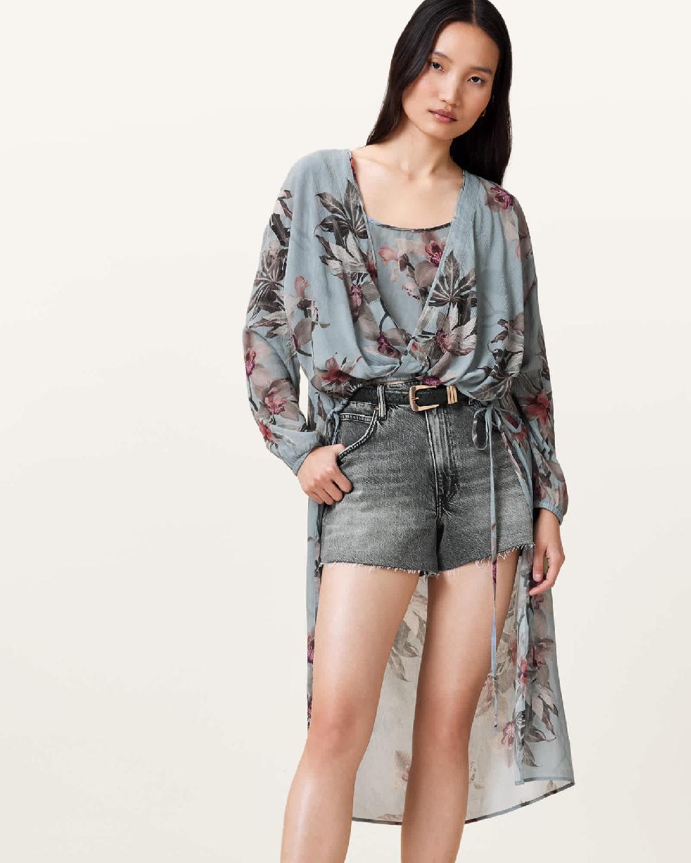 All Saints Avala High Low Floral Wrap Top Adena Dusty Blue