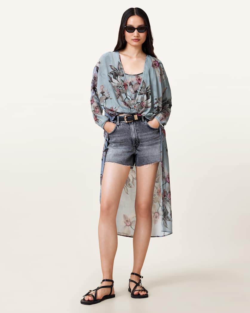 all saints Avala High Low Floral Wrap Top Adena Dusty Blue