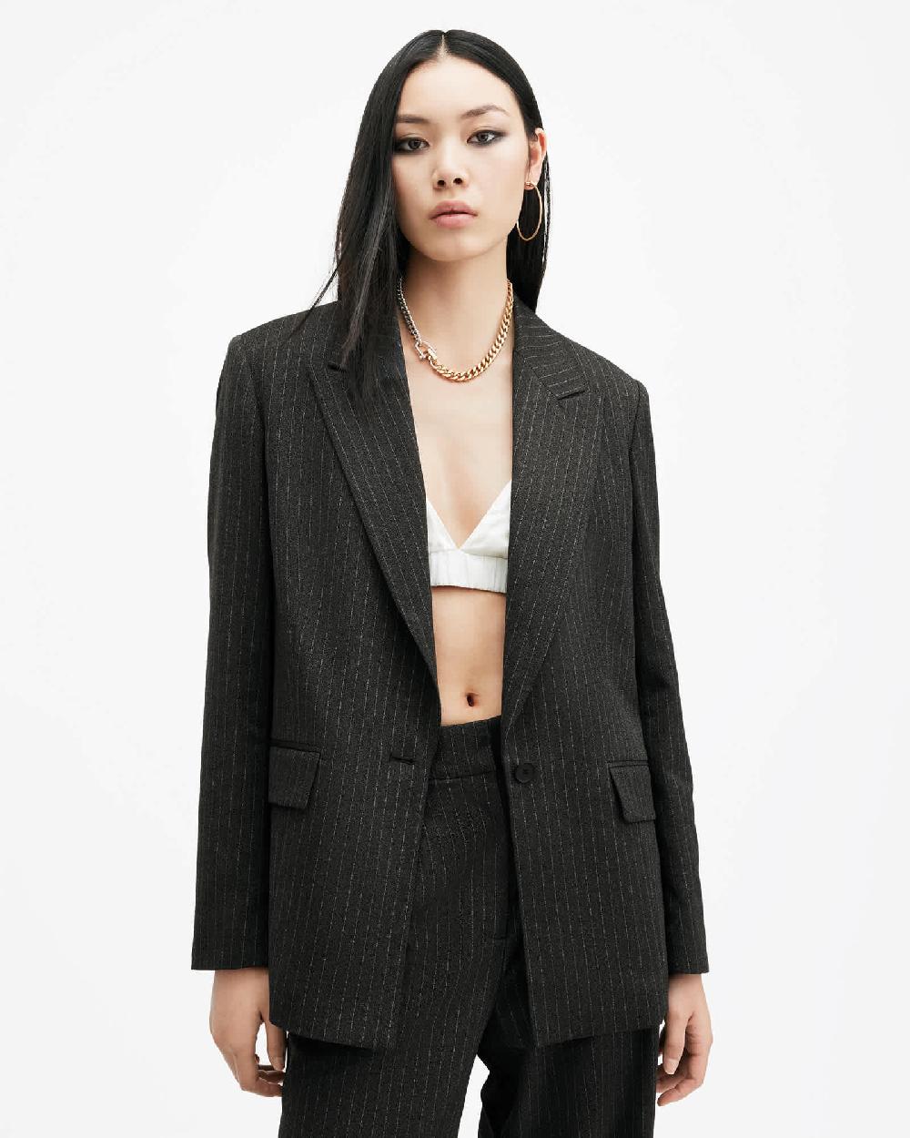 All Saints Averie Pinstriped Relaxed Fit Blazer Grey