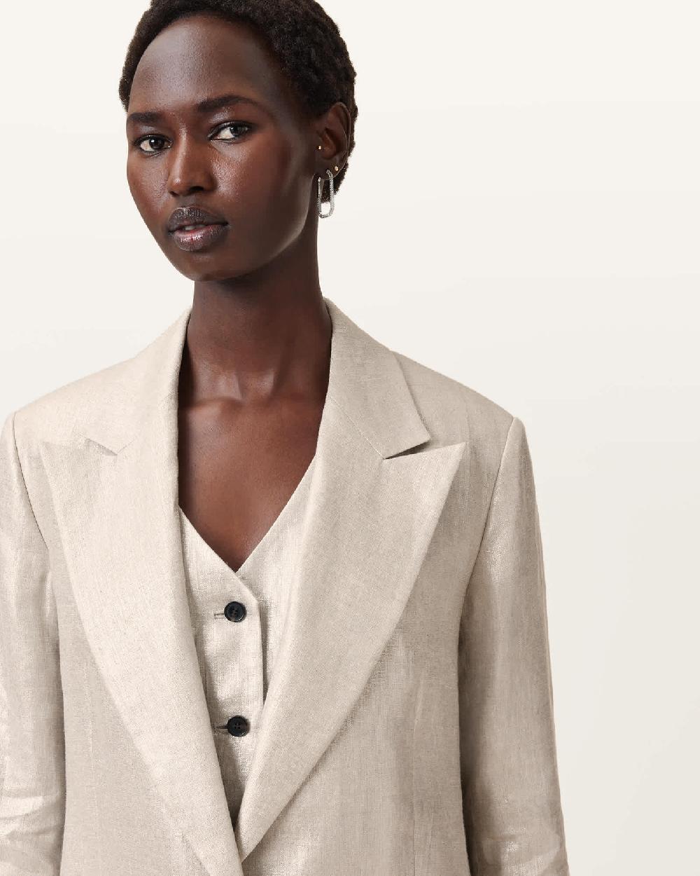 All Saints Averie Relaxed Fit Linen Blazer Silver Grey