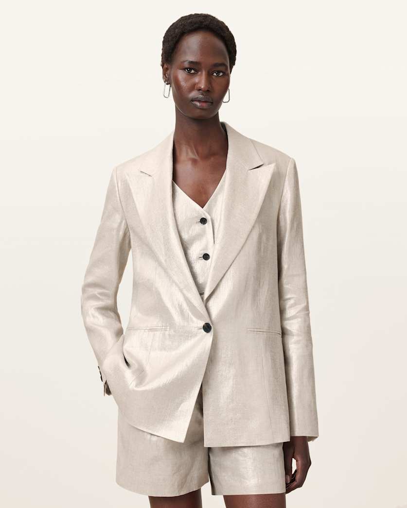 all saints Averie Relaxed Fit Linen Blazer Silver Grey