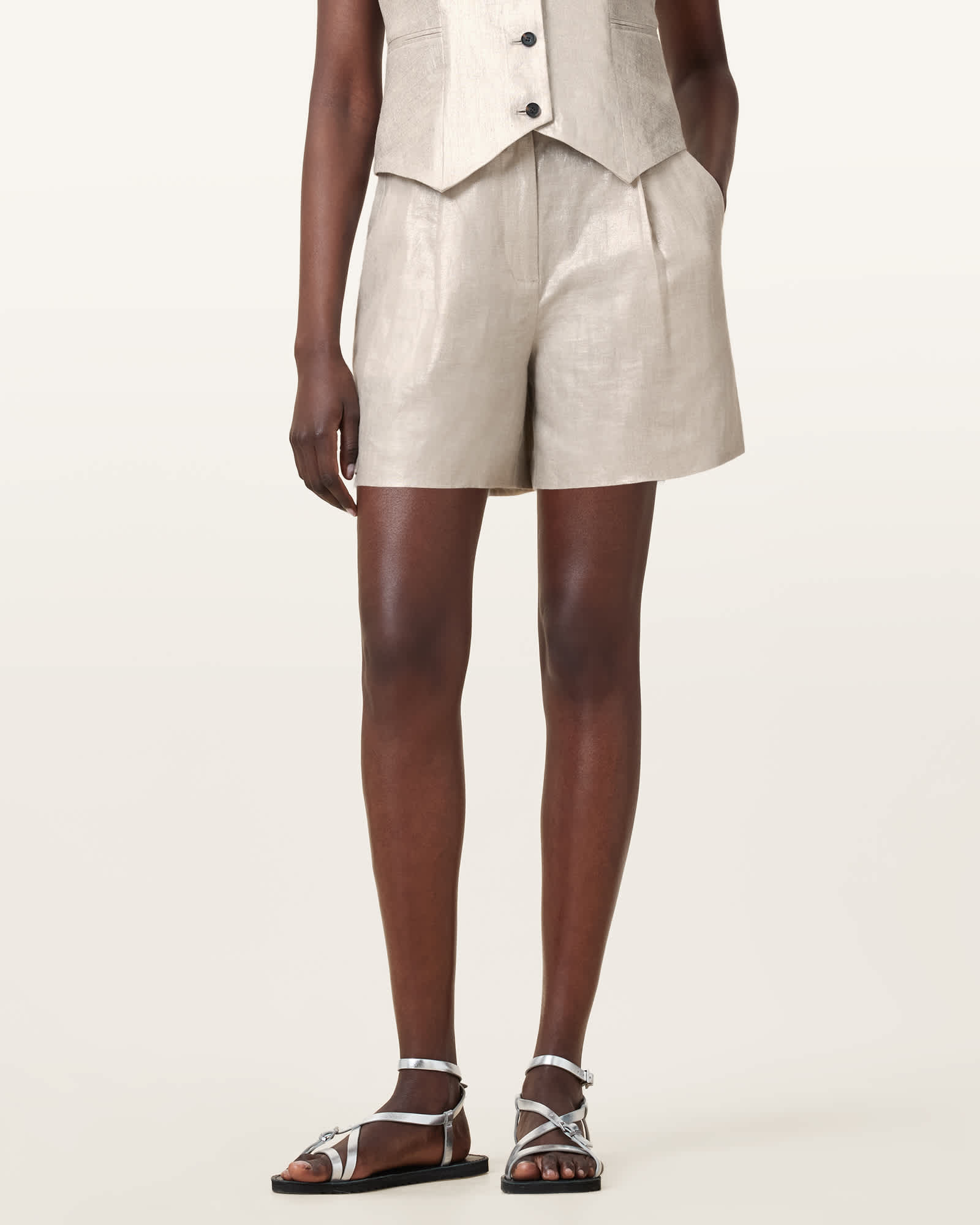 All Saints Averie Relaxed Fit Linen Shorts Silver Grey