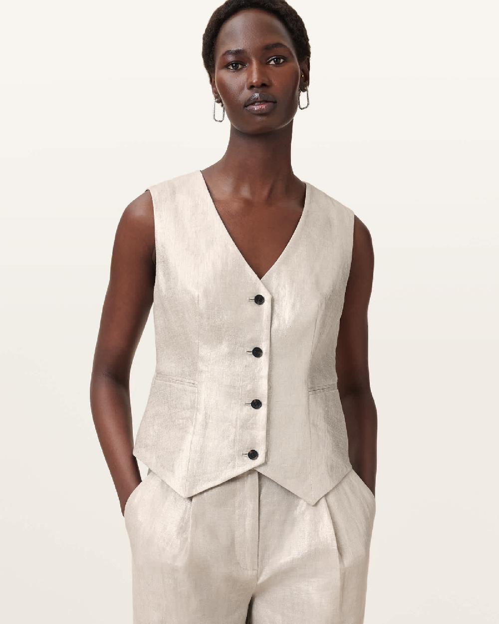 All Saints Averie Relaxed Fit Linen Vest Silver Grey