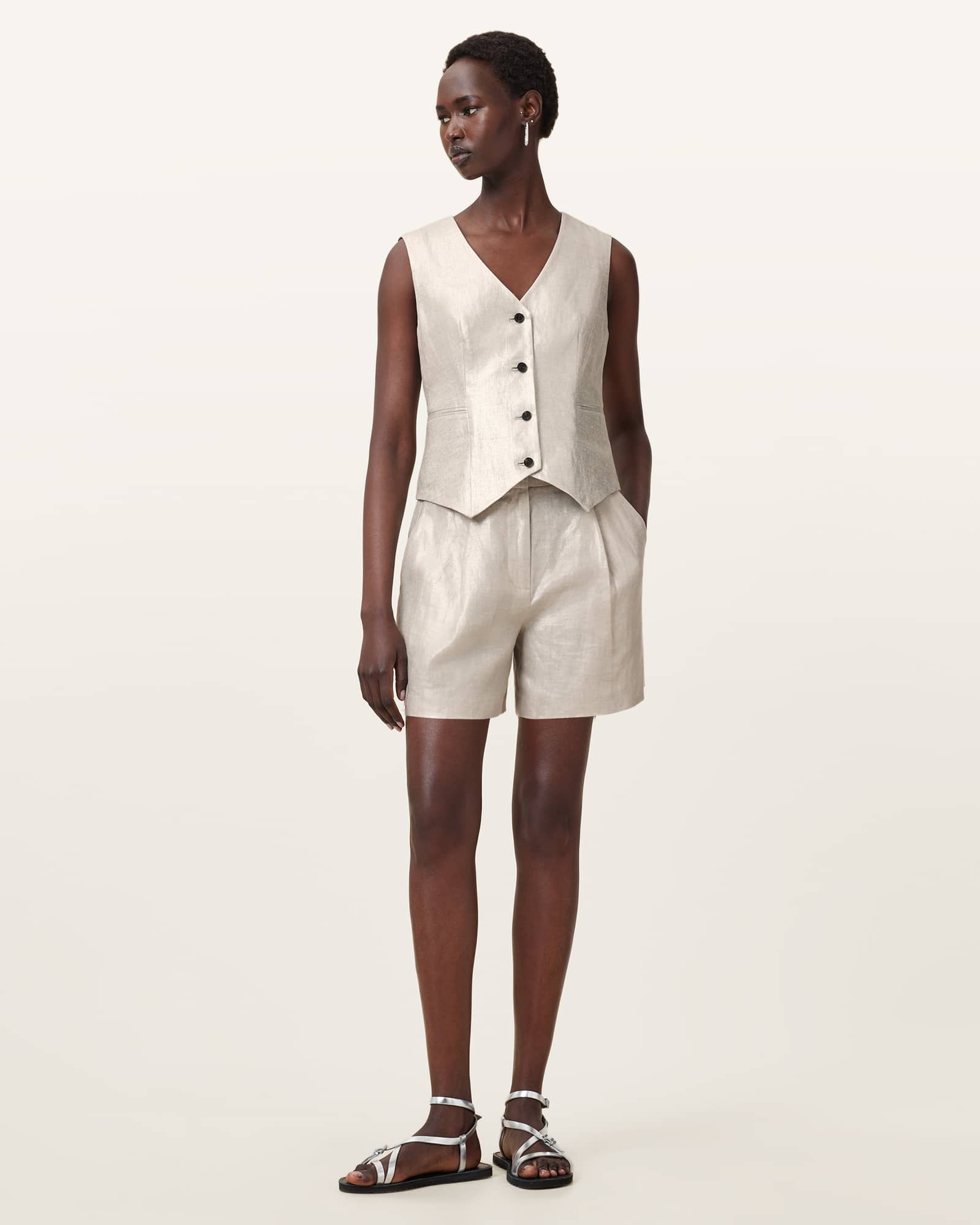 All Saints Averie Relaxed Fit Linen Vest Silver Grey