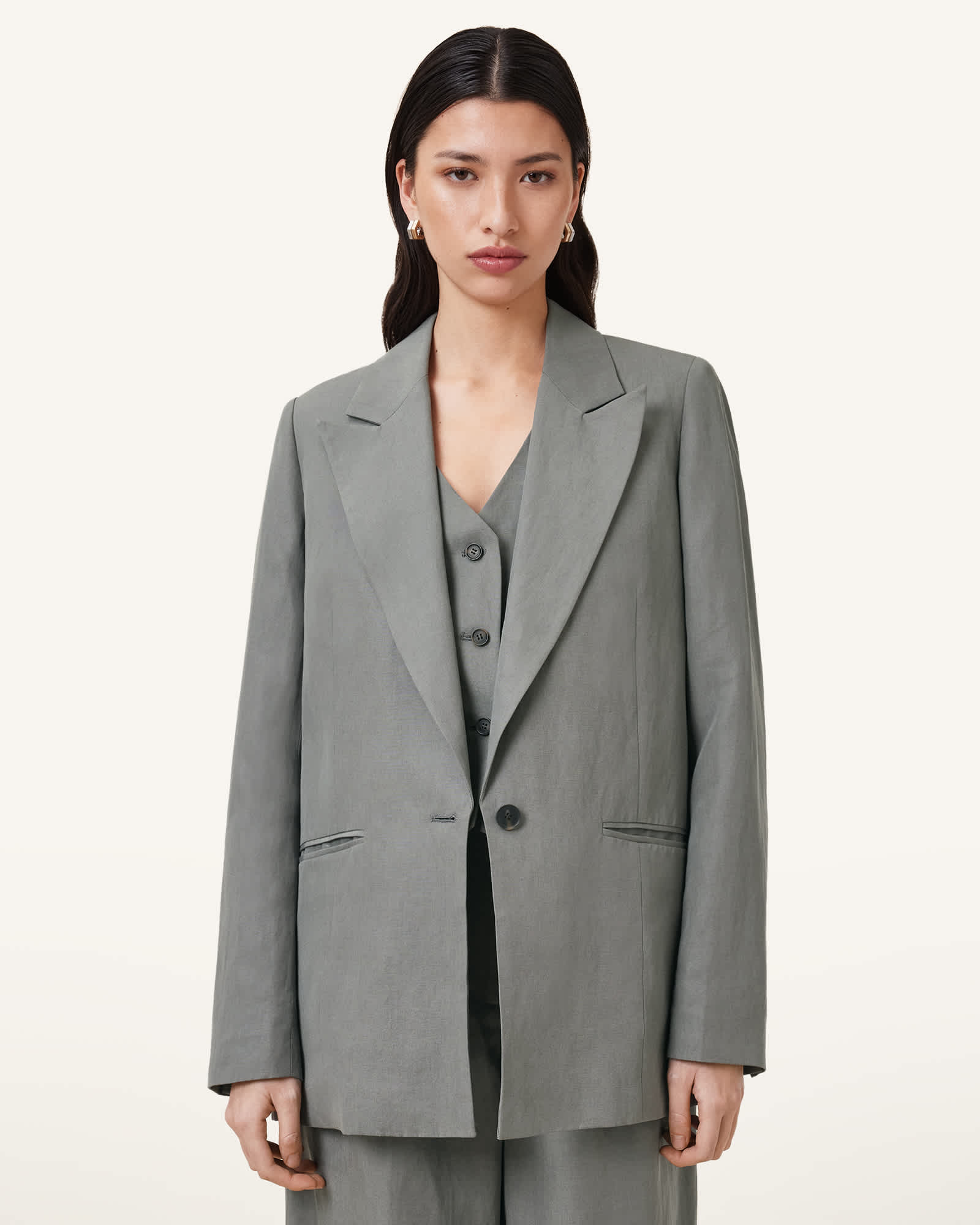 All Saints Averie Tencel Relaxed Fit Linen Blend Blazer Grey