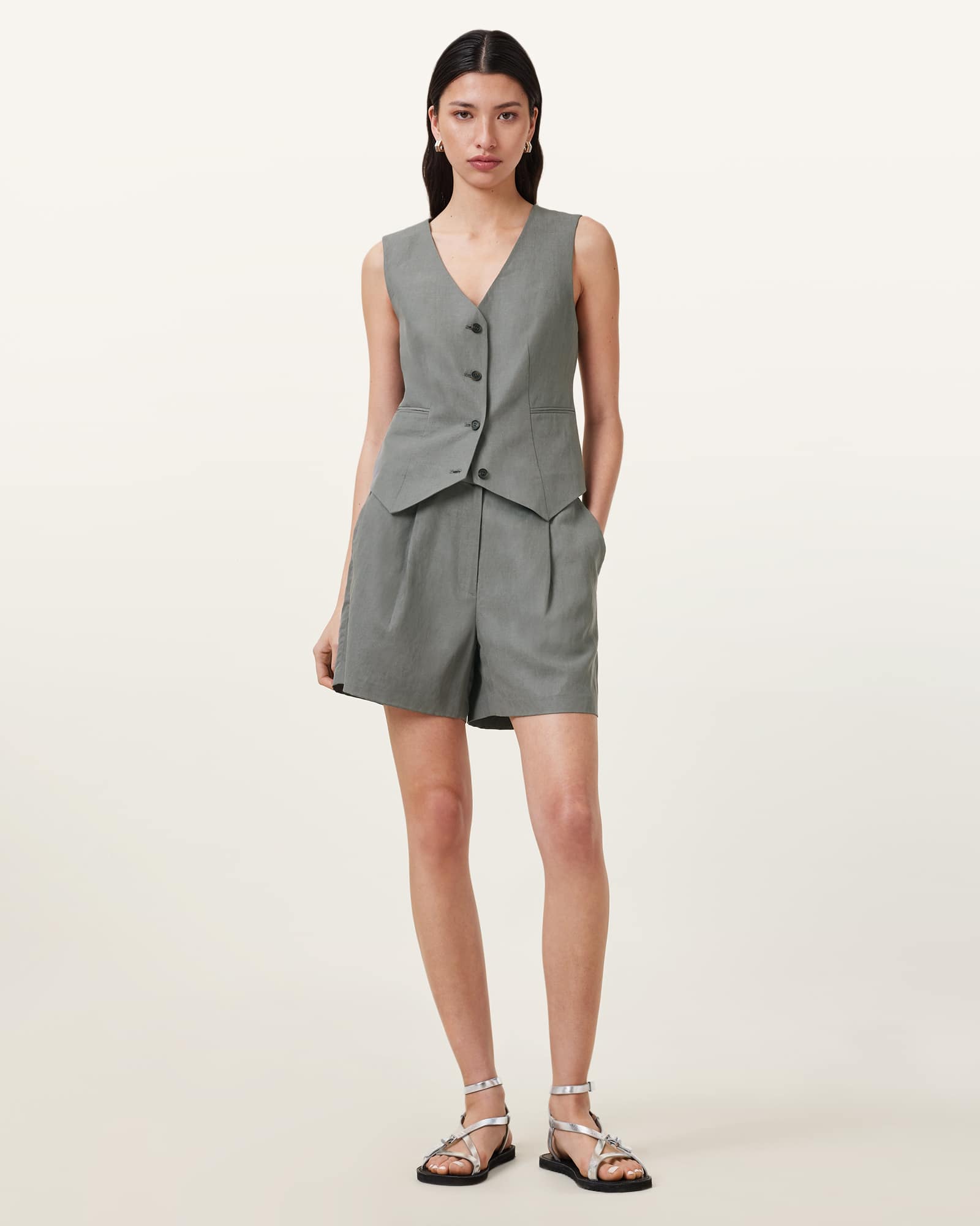 All Saints Averie Tencel Relaxed Fit Linen Blend Shorts Grey
