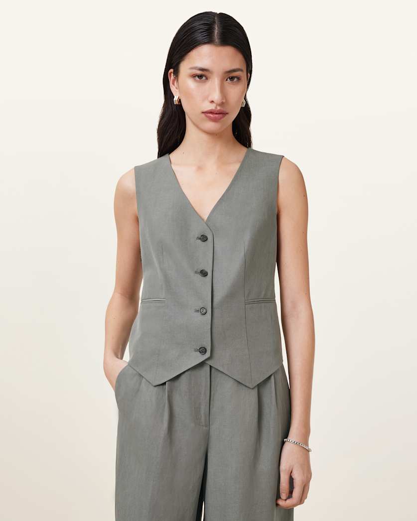 all saints Averie Tencel Relaxed Fit Linen Blend Vest Grey