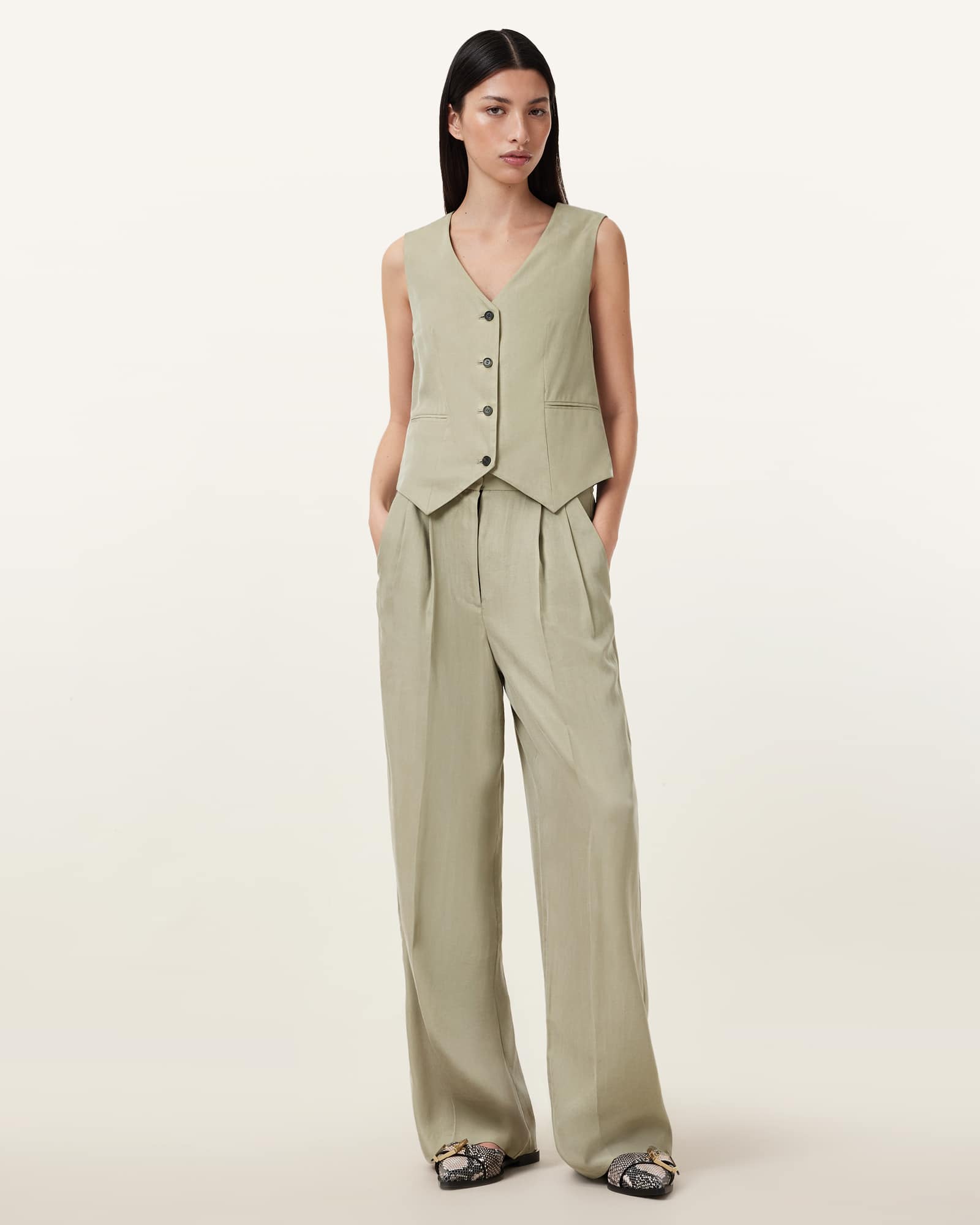 All Saints Averie Tencel Relaxed Fit Waistcoat Sage Green