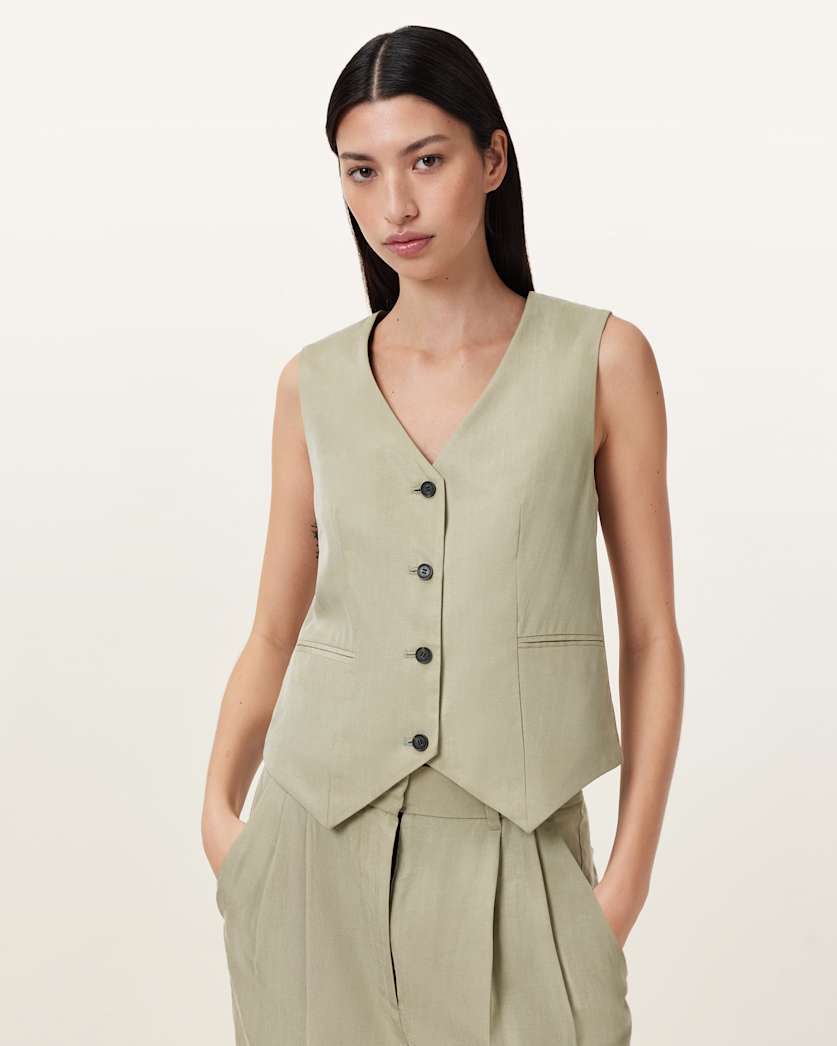 all saints Averie Tencel Relaxed Fit Waistcoat Sage Green