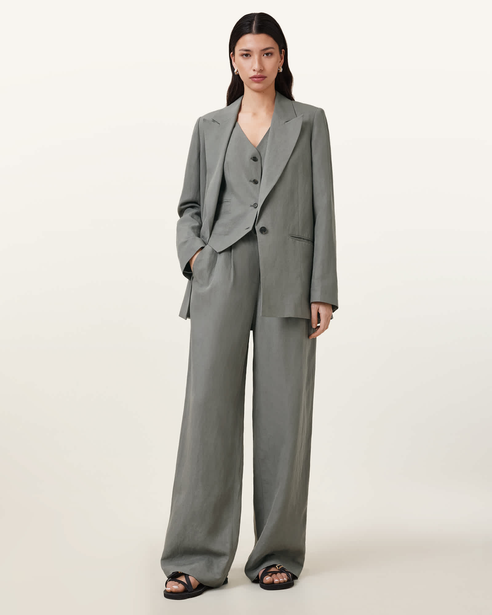 All Saints Averie Tencel Wide Leg Linen Blend Pants Grey