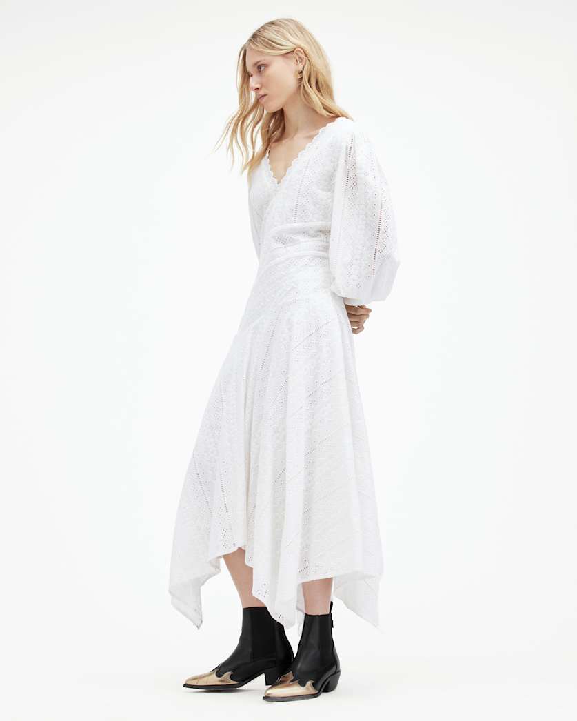 all saints Aviana V-Neck Broderie Maxi Dress Off White