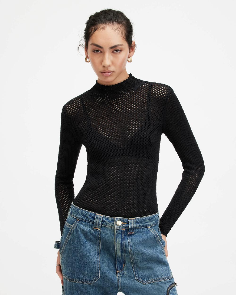 All Saints Avril Roll Neck Open Stitch Sweater Black