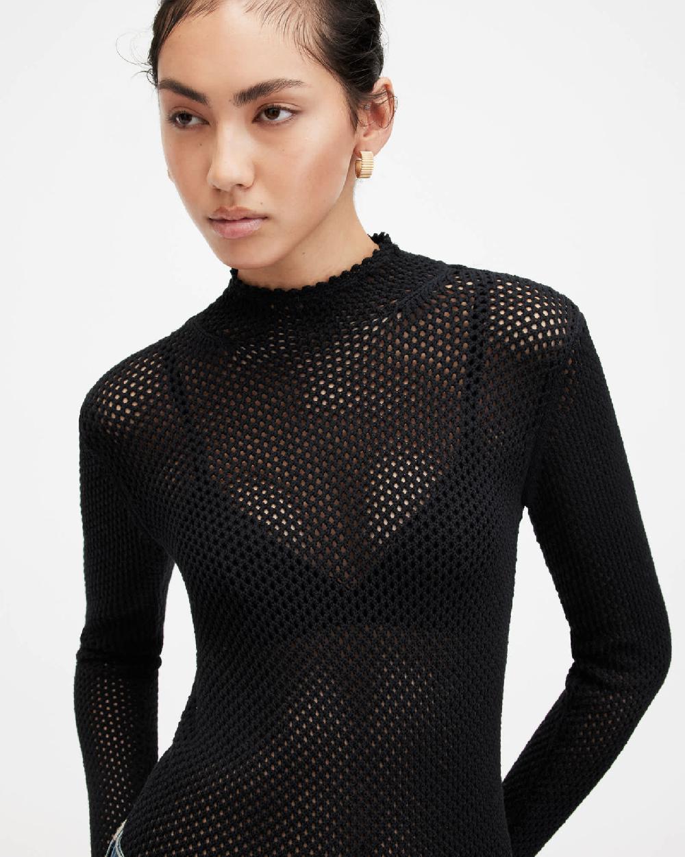 All Saints Avril Roll Neck Open Stitch Sweater Black