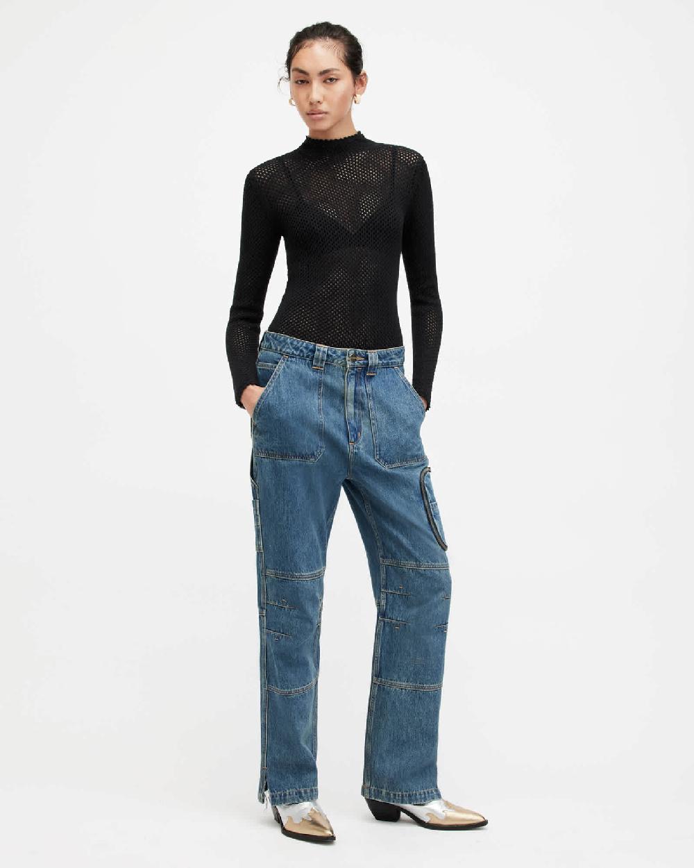 All Saints Avril Roll Neck Open Stitch Sweater Black