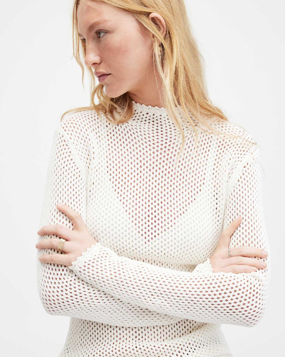 All Saints Avril Roll Neck Open Stitch Sweater Chalk White
