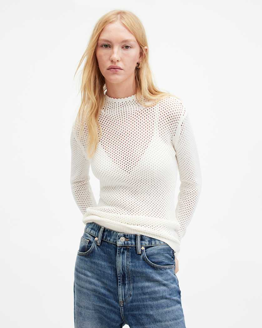 all saints Avril Roll Neck Open Stitch Sweater Chalk White