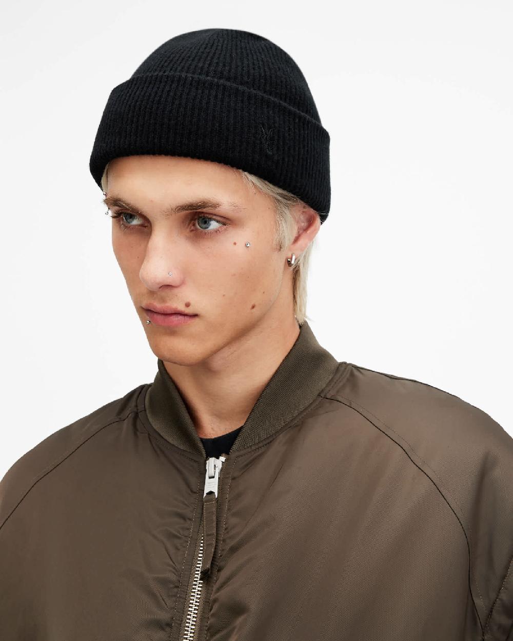 All Saints Bailey Wool Ramskull Embroidered Beanie Black