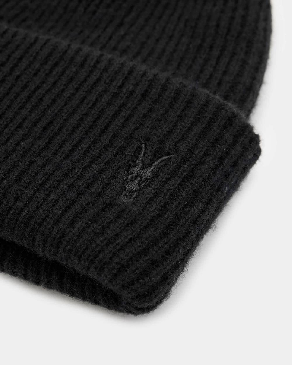 All Saints Bailey Wool Ramskull Embroidered Beanie Black