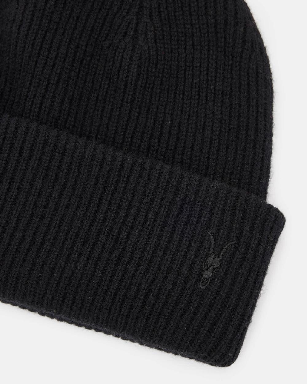 All Saints Bailey Wool Ramskull Embroidered Beanie Black