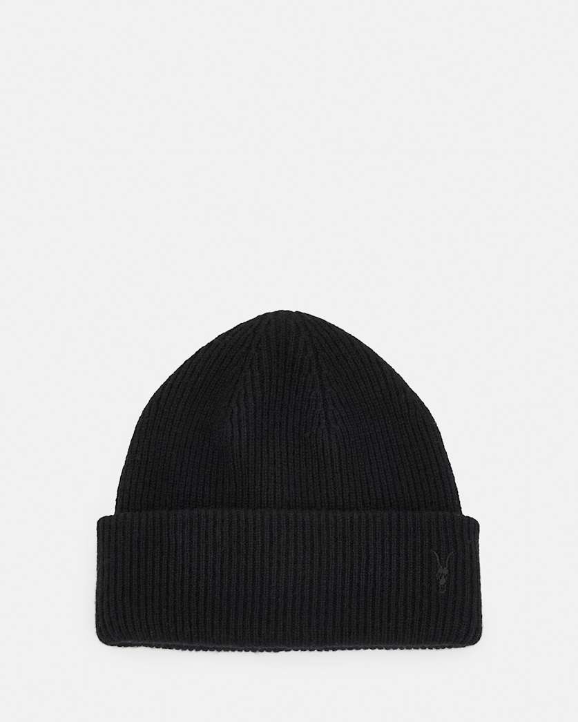 all saints Bailey Wool Ramskull Embroidered Beanie Black