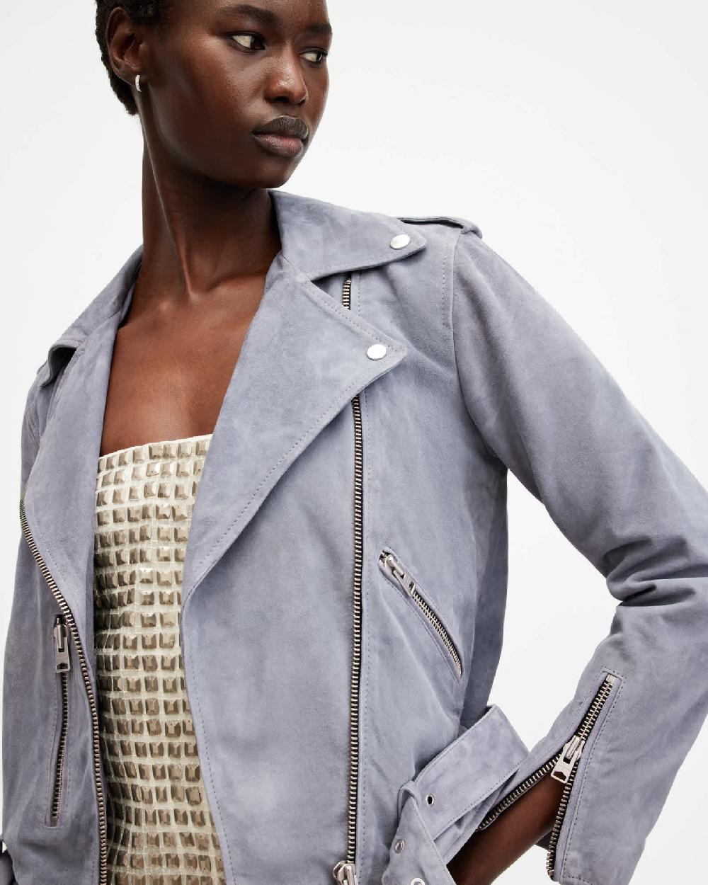 All Saints Balfern Belted Suede Biker Jacket Denim Blue