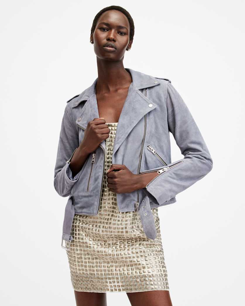 all saints Balfern Belted Suede Biker Jacket Denim Blue