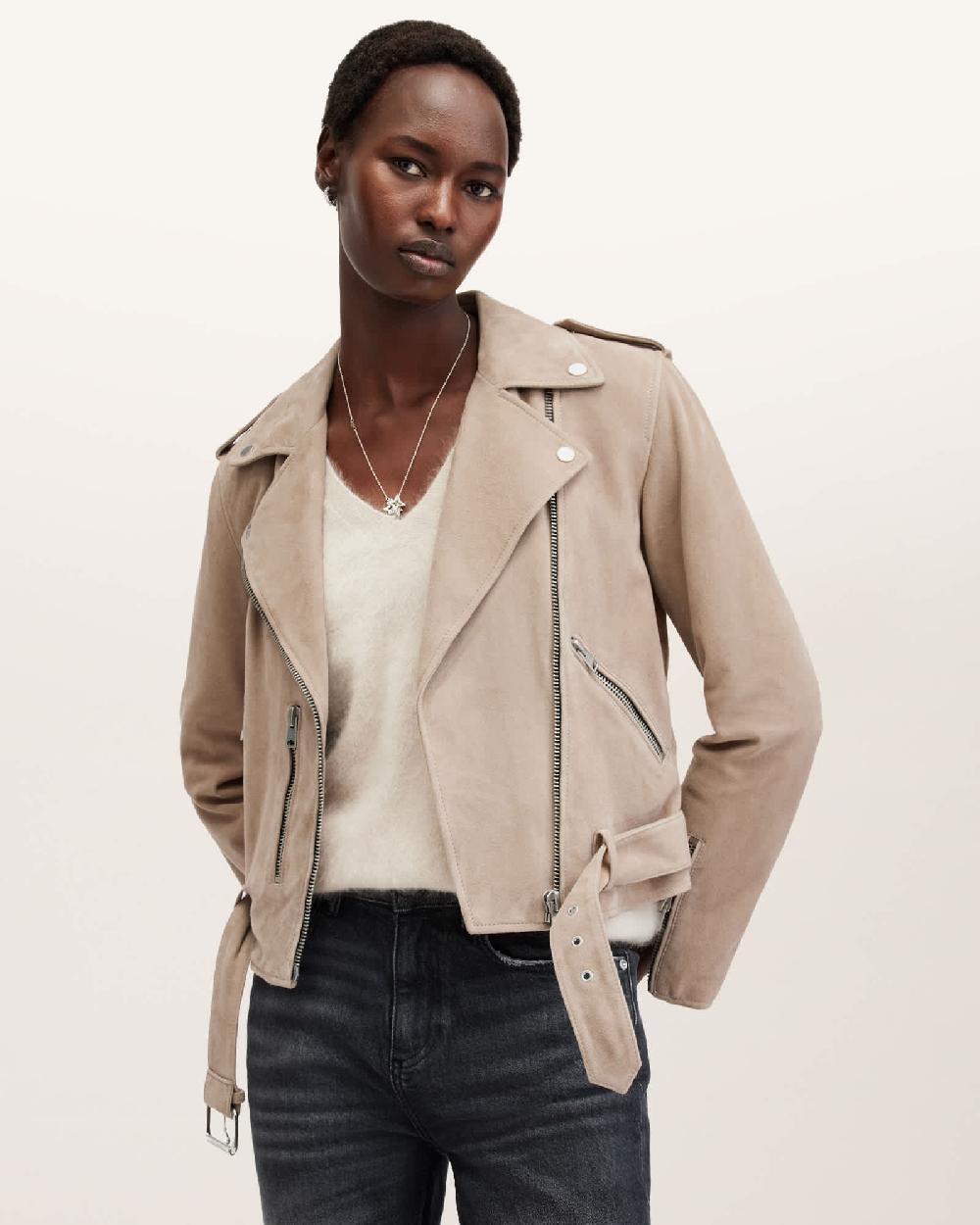 All Saints Balfern Belted Suede Biker Jacket Warm Taupe Grey
