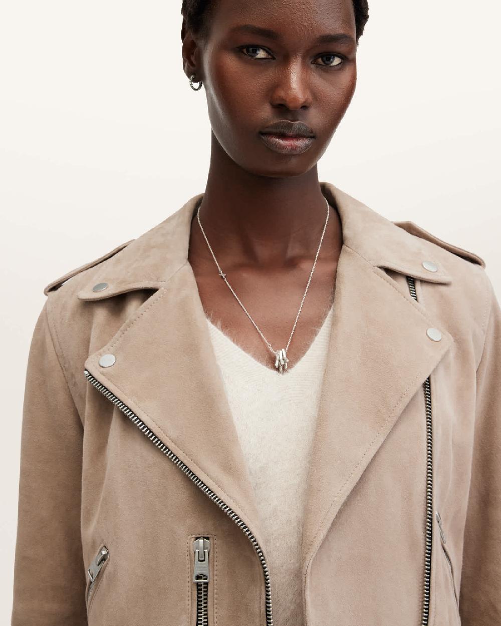 All Saints Balfern Belted Suede Biker Jacket Warm Taupe Grey