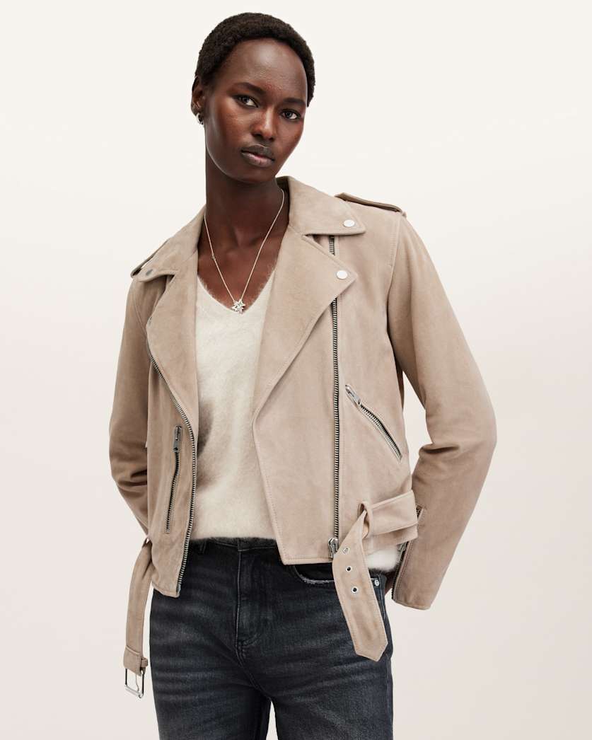 all saints Balfern Belted Suede Biker Jacket Warm Taupe Grey