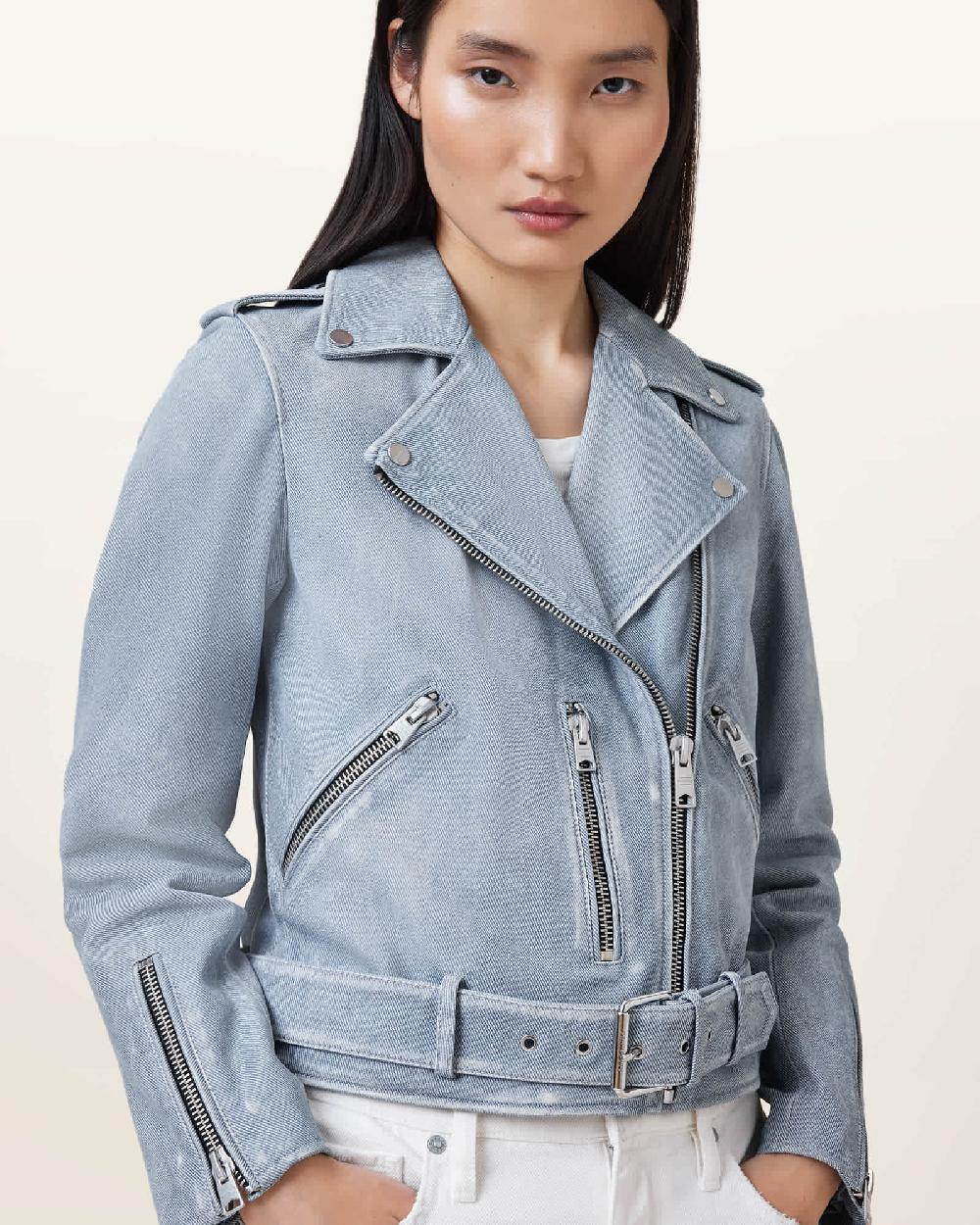 All Saints Balfern Denim-Effect Leather Biker Jacket Pale Denim Blue