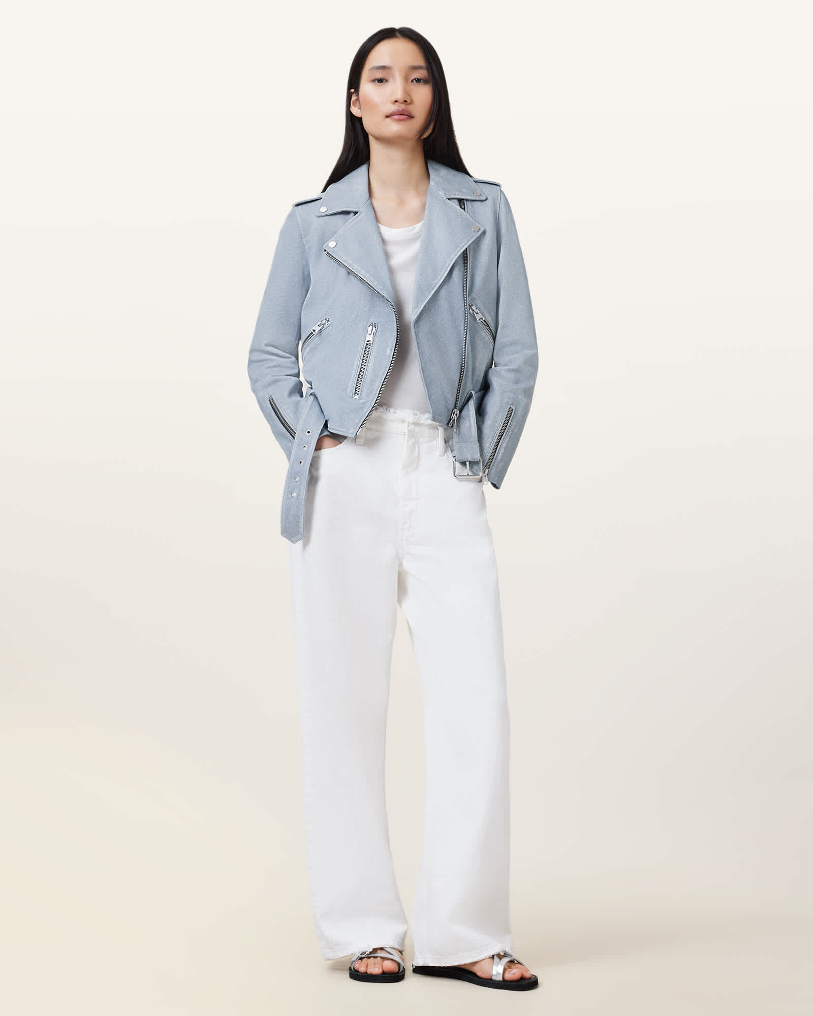 All Saints Balfern Denim-Effect Leather Biker Jacket Pale Denim Blue