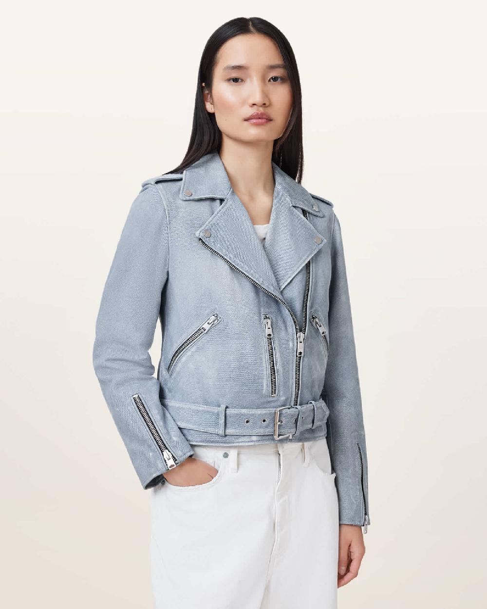All Saints Balfern Denim-Effect Leather Biker Jacket Pale Denim Blue