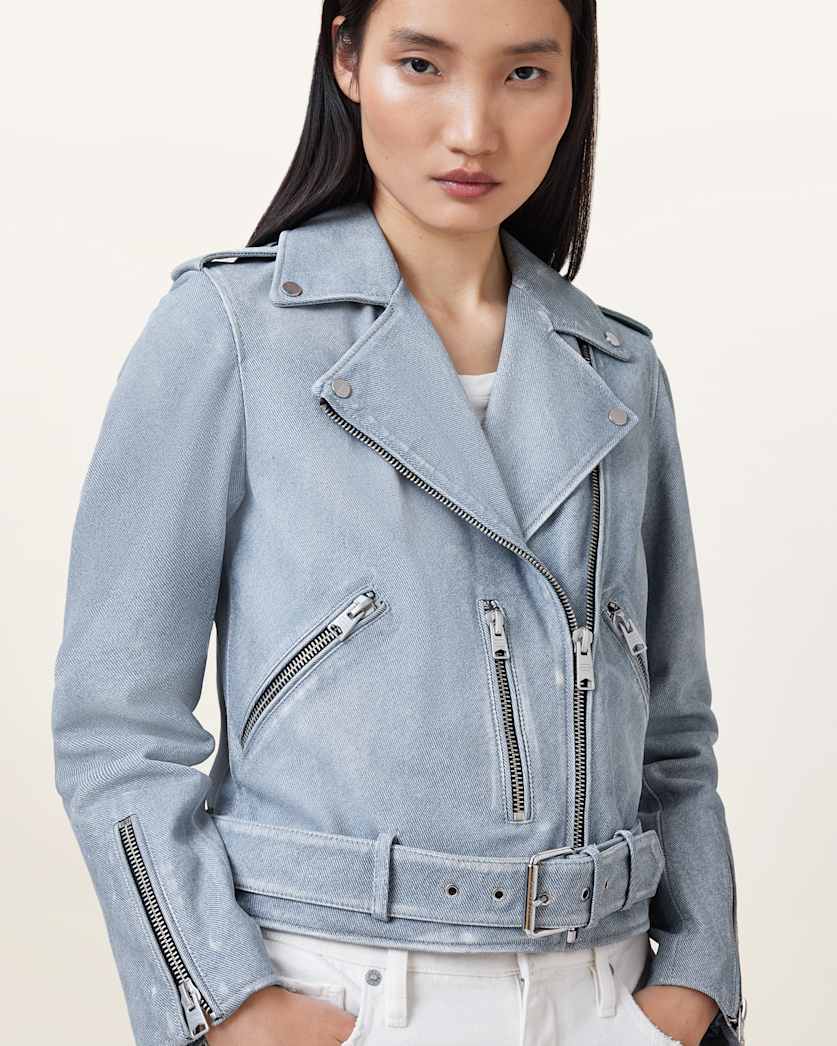 all saints Balfern Denim-Effect Leather Biker Jacket Pale Denim Blue