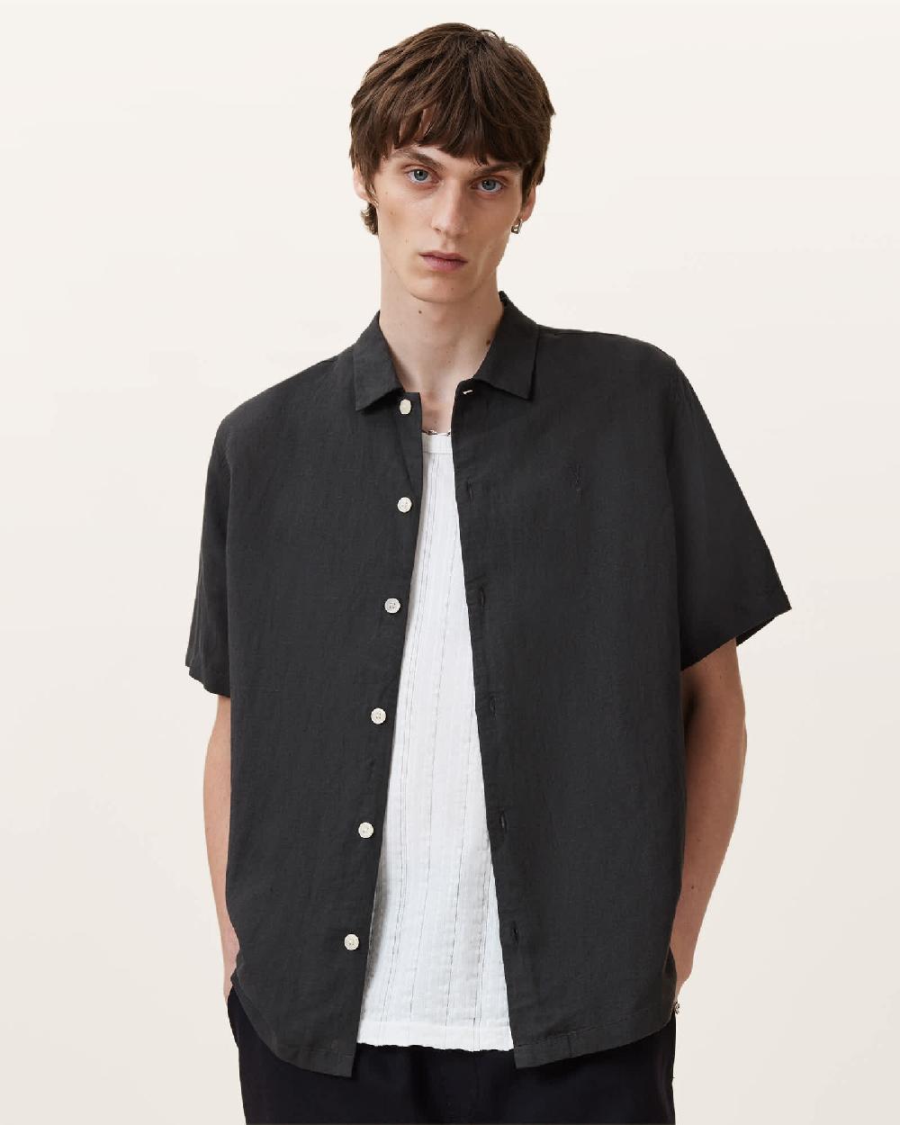All Saints Bandol Short Sleeve Relaxed Shirt Dark Charcoal