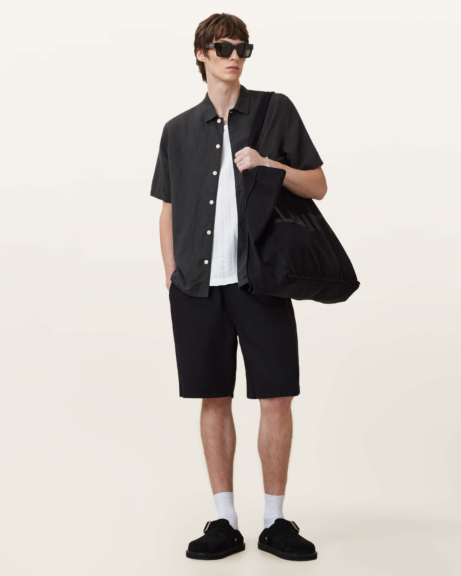 All Saints Bandol Short Sleeve Relaxed Shirt Dark Charcoal