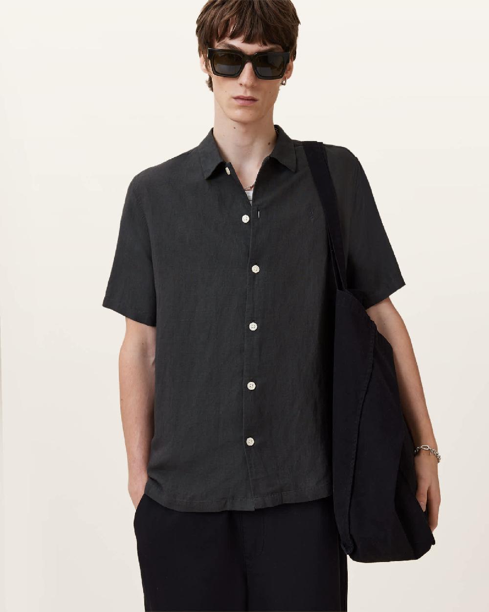 All Saints Bandol Short Sleeve Relaxed Shirt Dark Charcoal