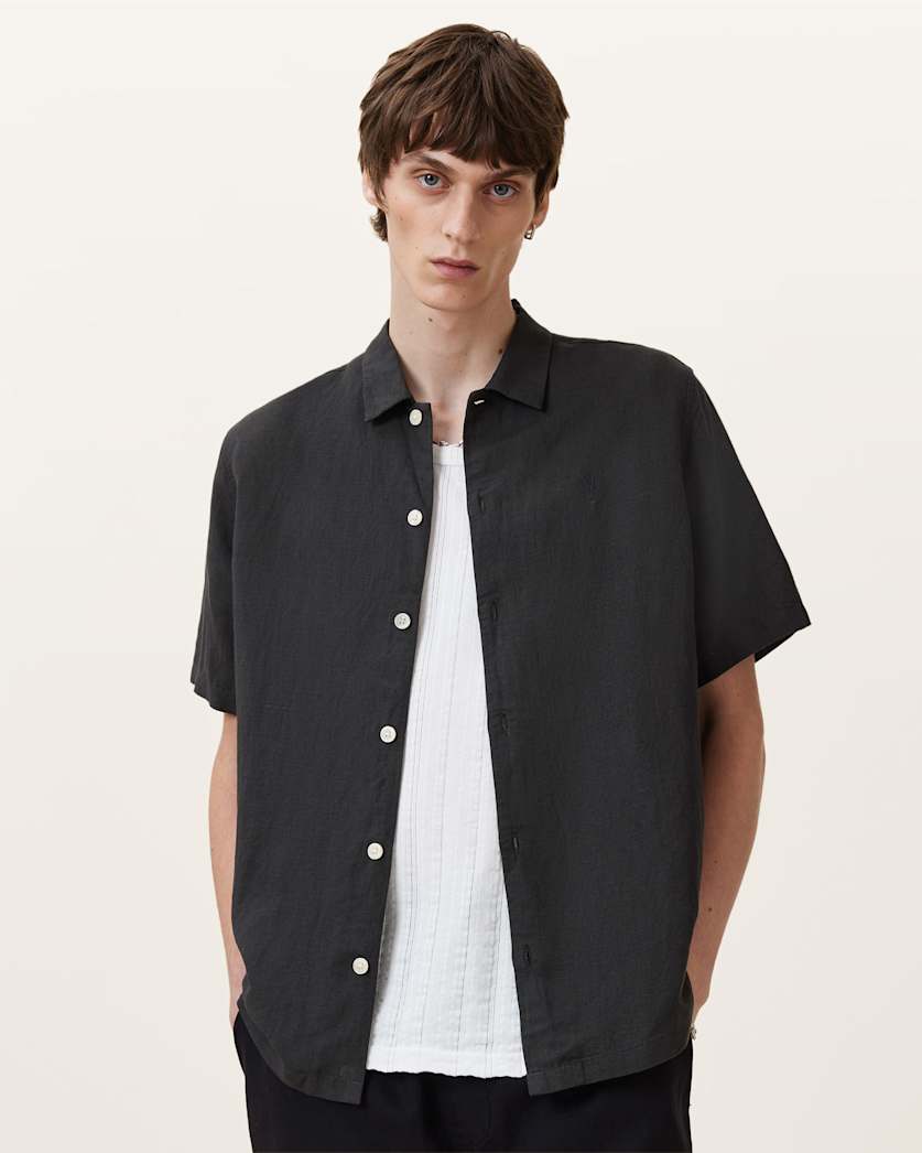 all saints Bandol Short Sleeve Relaxed Shirt Dark Charcoal