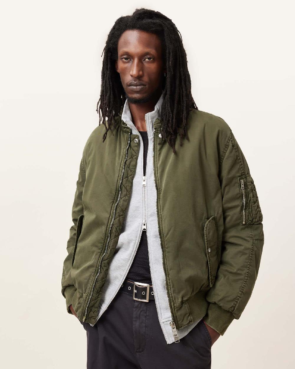 All Saints Banner Relaxed Fit Bomber Jacket Pastoral Green