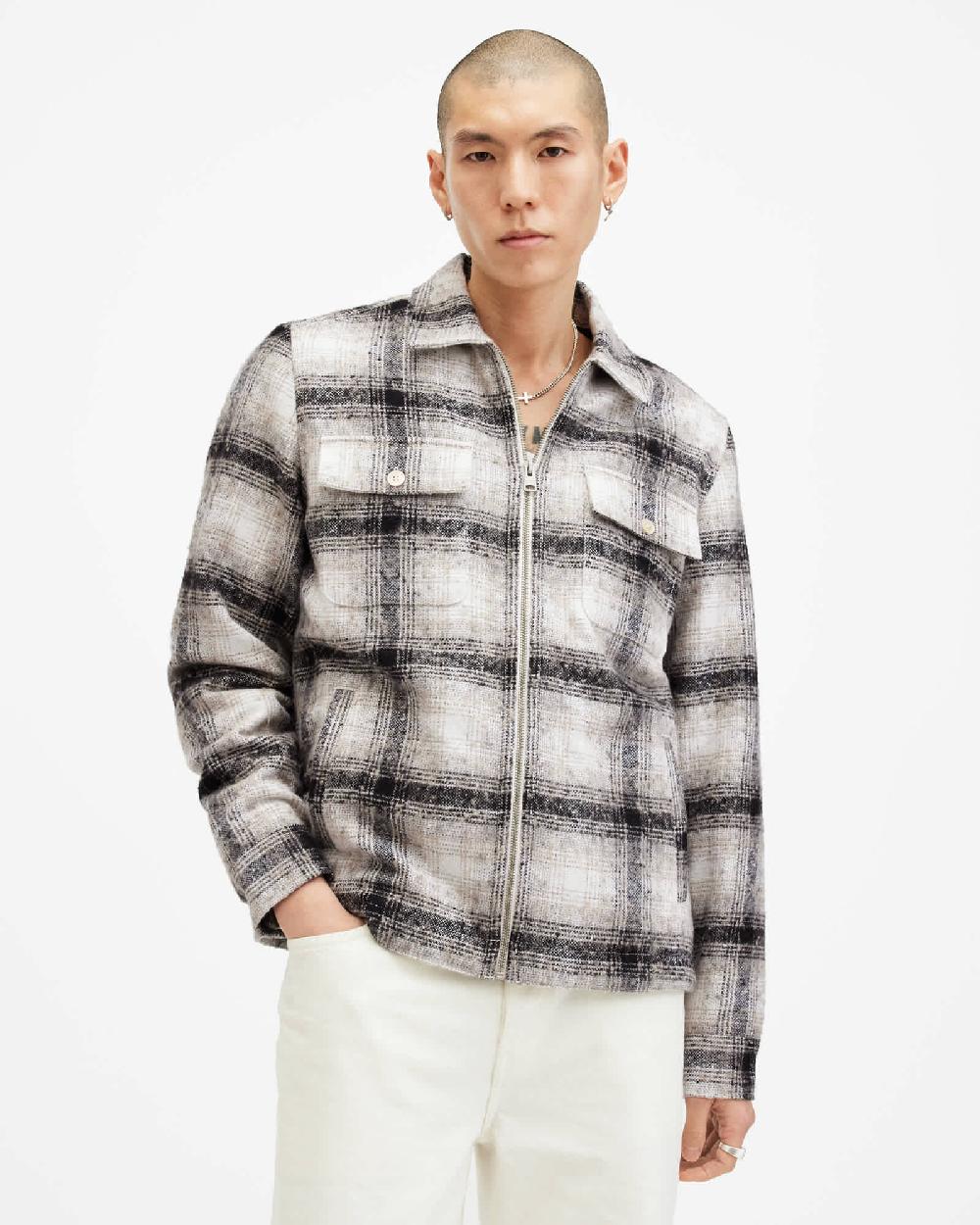 All Saints Banshee Textured Checked Jacket Baker White