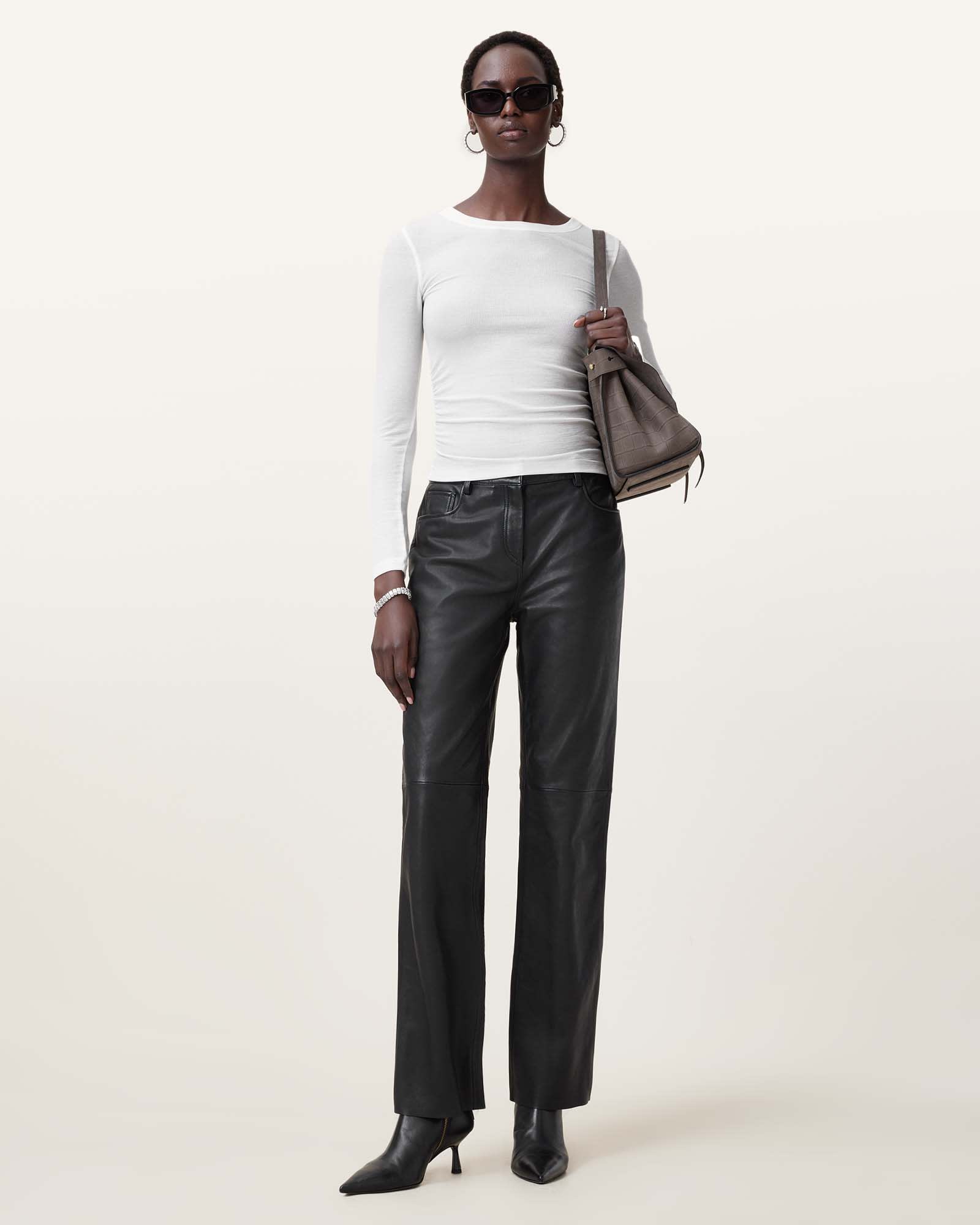 All Saints Bec Long Sleeve Slim Ramskull T-Shirt Optic White