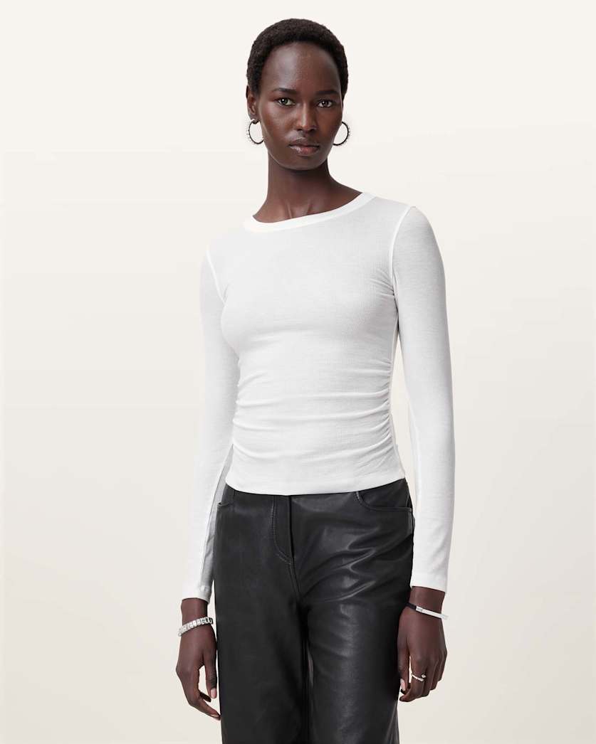 all saints Bec Long Sleeve Slim Ramskull T-Shirt Optic White