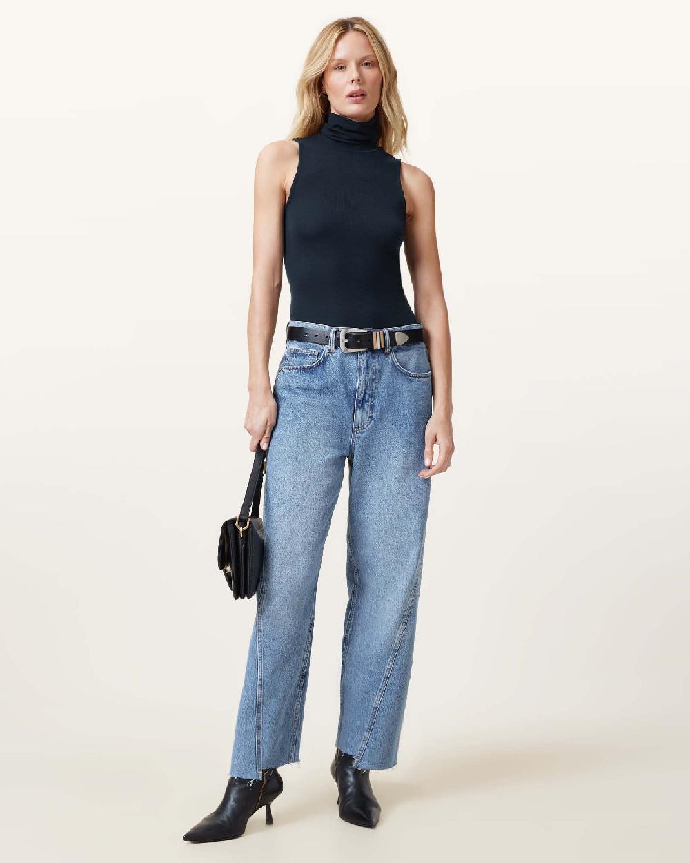 All Saints Bec Roll Neck Tank Top Black/Oyster Blue