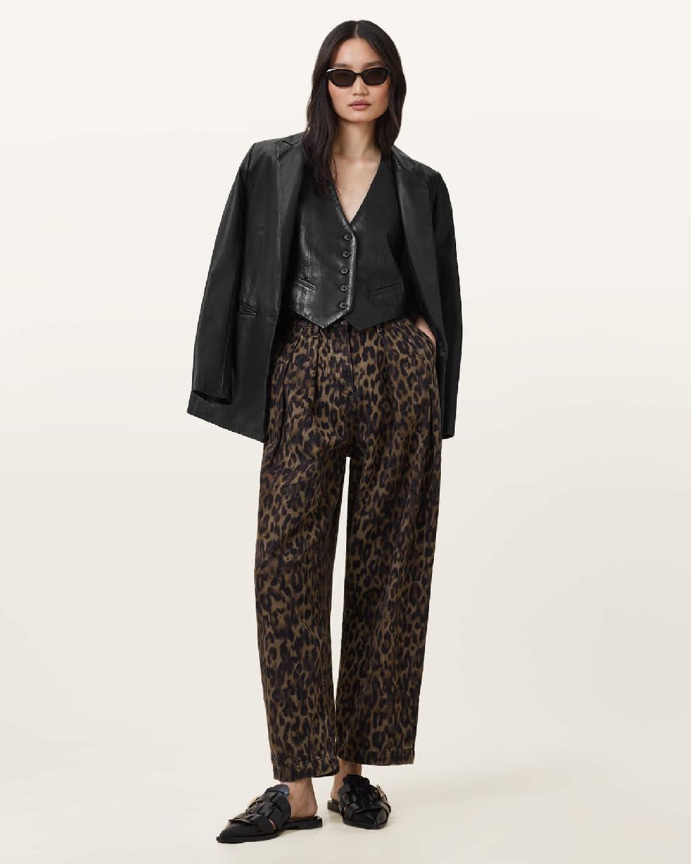 All Saints Becca Barrel Leg Denim Jeans Leopard Brown
