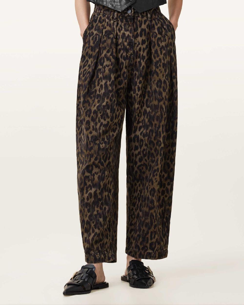 All Saints Becca Barrel Leg Denim Jeans Leopard Brown
