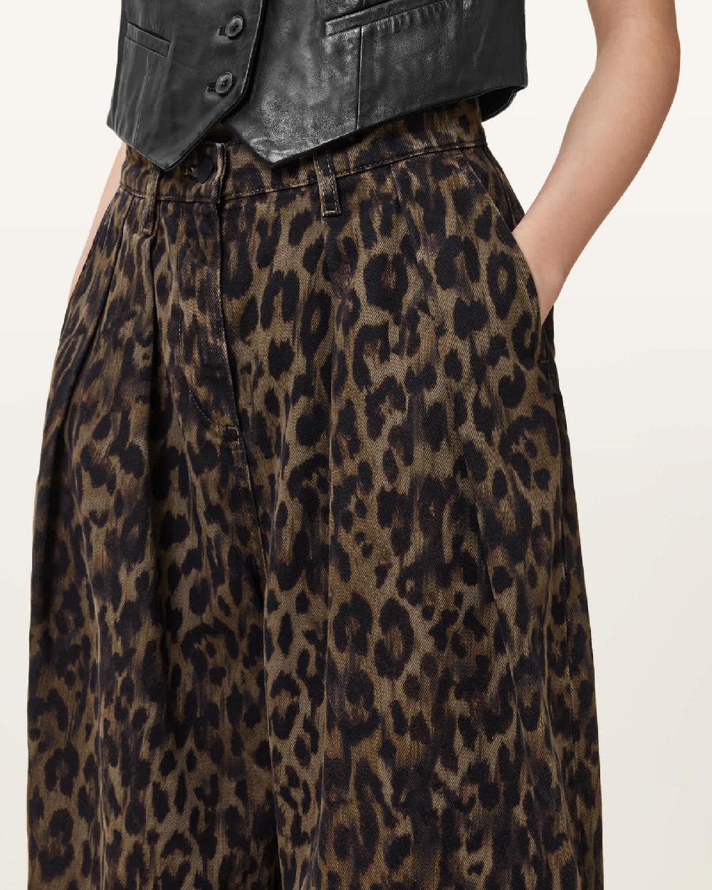 All Saints Becca Barrel Leg Denim Jeans Leopard Brown