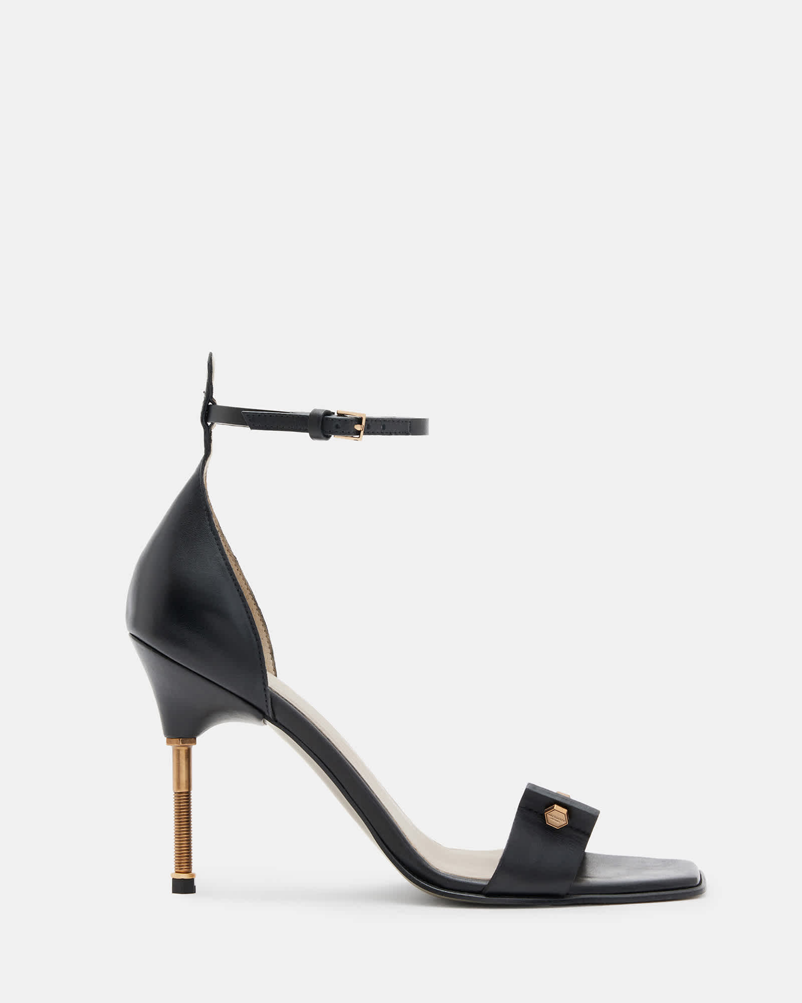 All Saints Betty Square Toe Leather Heeled Sandals Black