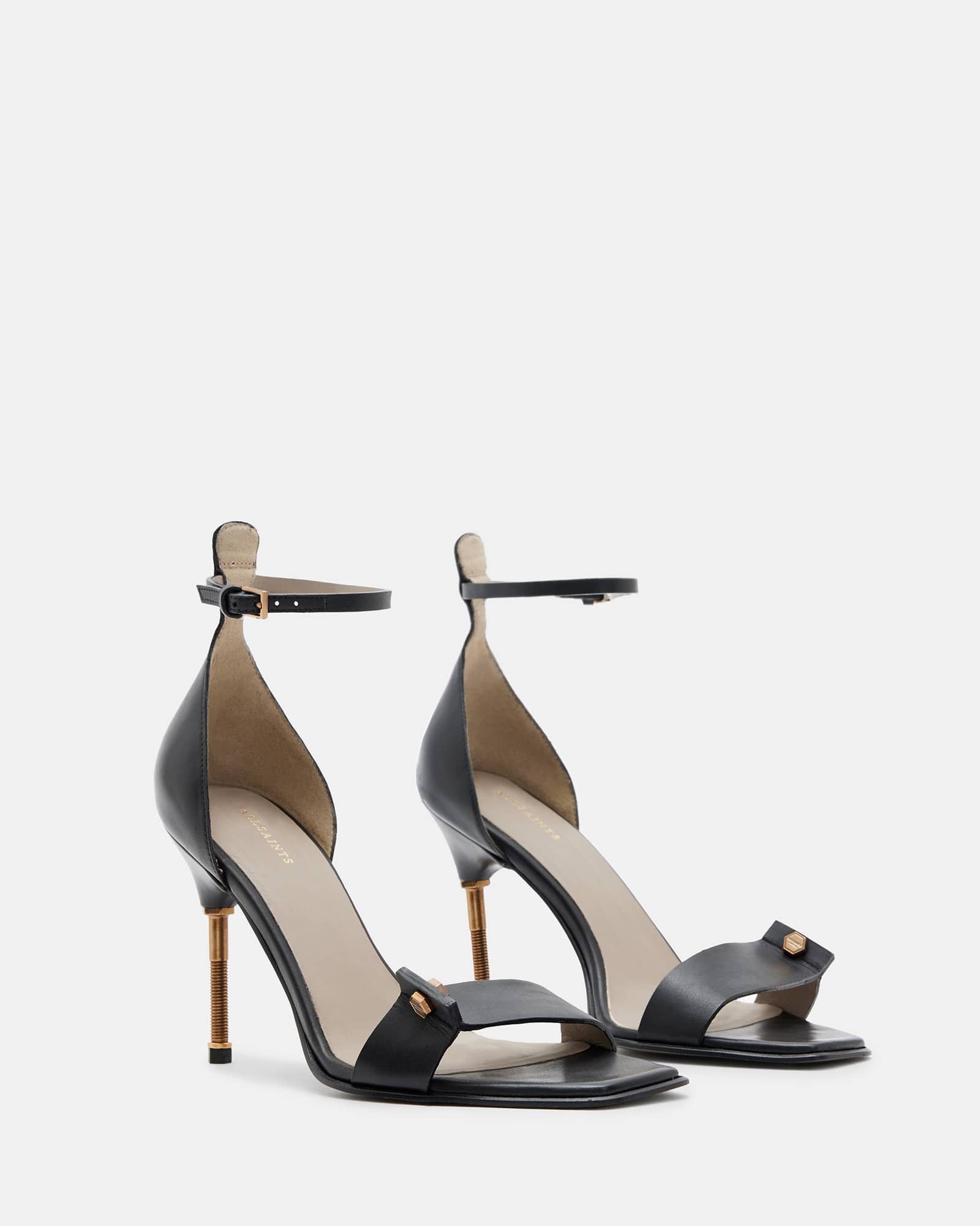 All Saints Betty Square Toe Leather Heeled Sandals Black